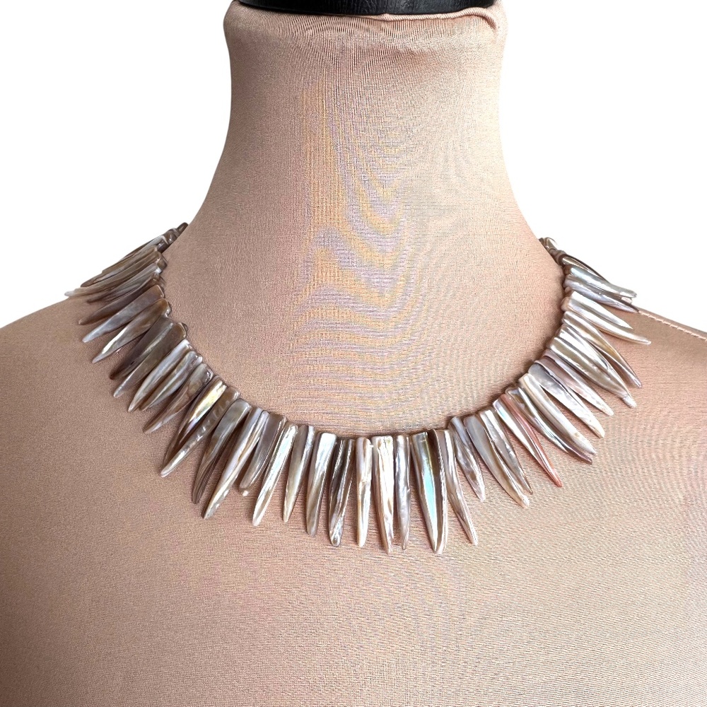 Mother of Pearl Spike Fringe Statement Necklace Iridescent Adjustable